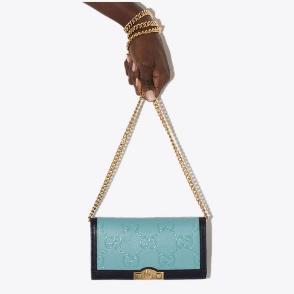 Gucci Blue and Turquoise Wallet/Clutch with Gold Chain